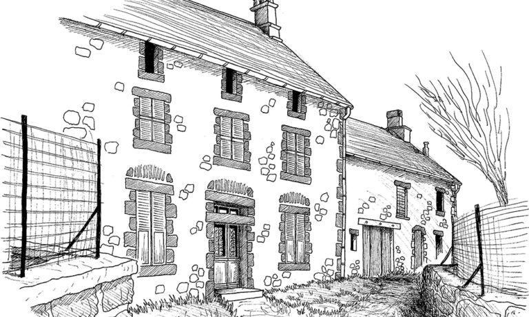 Dessin de la maison auvergnate 1 réalisé à la main en noir et blanc avec staedler pigment liner