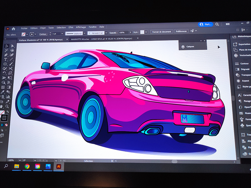 Photographie de l'avancement sur illustration de voiture réalisée avec tablette XP-PEN PRO