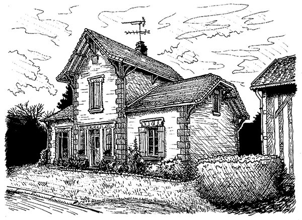 Dessin de la maison dans les Landes 1 réalisé à la main en noir et blanc avec staedler pigment liner