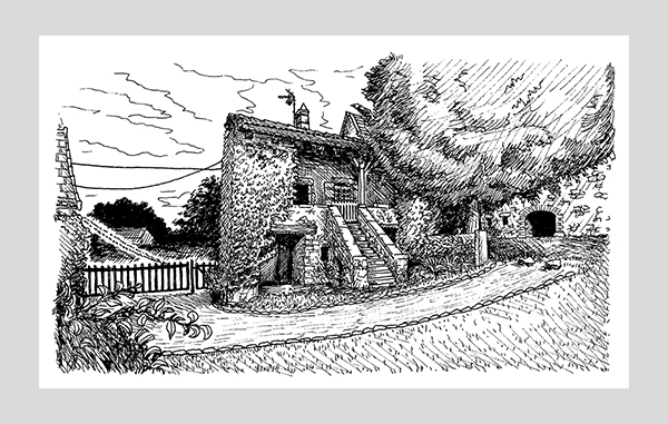 Dessin de la maison en Bourgogne réalisé à la main en noir et blanc avec staedler pigment liner