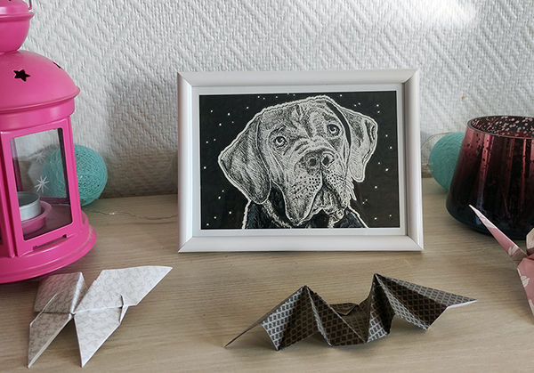 Aperçu une fois mise en cadre d'un dessin de chien Cane Corso réalisé à la main en noir et blanc avec staedler pigment liner