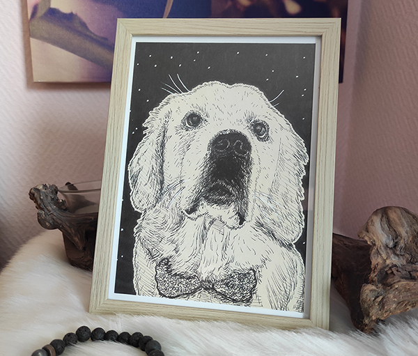 Aperçu une fois mise en cadre d'un dessin du chien Golden Retriever réalisé à la main en noir et blanc avec staedler pigment liner