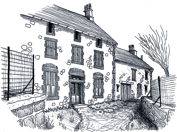 Dessin de la maison auvergnate 1 réalisé à la main en noir et blanc avec staedler pigment liner