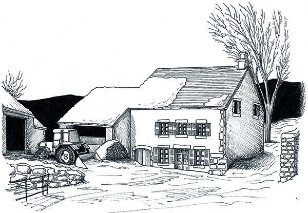 Dessin de la maison auvergnate 2 réalisé à la main en noir et blanc avec staedler pigment liner