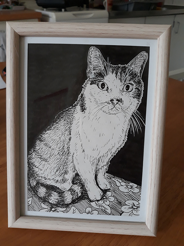 Aperçu une fois mise en cadre d'un dessin de chat tigré roux et blanc réalisé à la main en noir et blanc avec staedler pigment liner