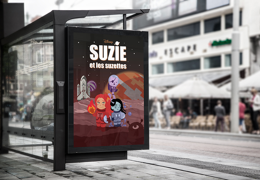 Intégration par mockup du visuel réalisé sur Illustrator pour la sortie du prochain film d'animation Disney "Suzie et les suzettes" durant la formation d'infographiste avec Doranco