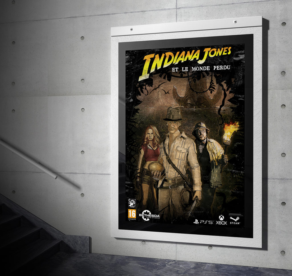 Intégration par mockup du visuel réalisé sur Photoshop pour la sortie du prochain jeu vidéo Indiana Jones durant la formation d'infographiste avec Doranco