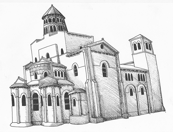 Dessin de l' Abbaye de Saint-Nectaire réalisé à la main en noir et blanc avec staedler pigment liner