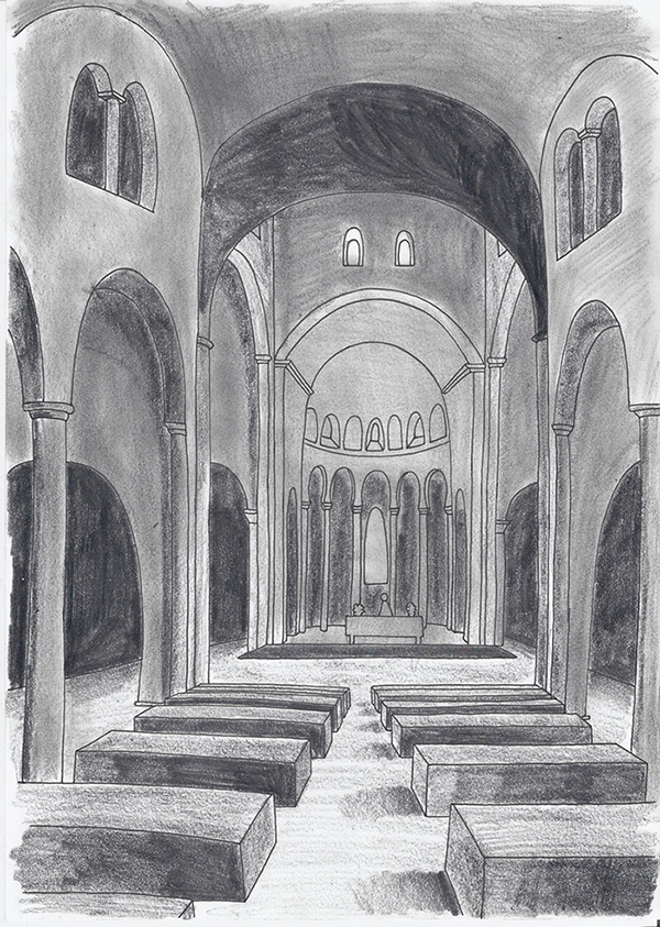 Dessin de l' Abbaye de Saint-Nectaire réalisé à la main en noir et blanc avec staedler pigment liner