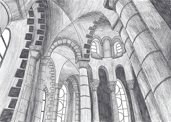 Dessin de l' Abbaye de Saint-Nectaire réalisé à la main en noir et blanc avec staedler pigment liner