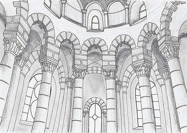 Dessin de l' Abbaye de Saint-Nectaire réalisé à la main en noir et blanc avec staedler pigment liner