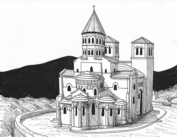 Dessin de l' Abbaye de Saint-Nectaire réalisé à la main en noir et blanc avec staedler pigment liner