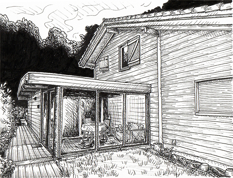 Dessin de maison réalisé à la main en noir et blanc avec staedler pigment liner